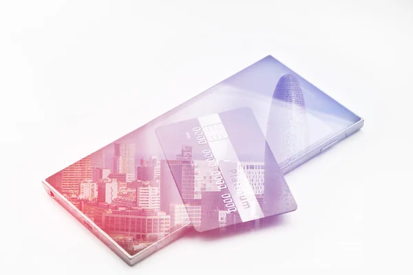 Doble exposición: Tarjeta de crédito en el teléfono móvil. Estilo vintage rosa imagen filtrada. Concepto de negocios, amor y viajes . — Foto de Stock