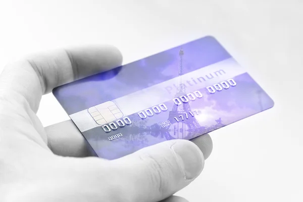 二重露光: 携帯電話のクレジット カード。ビンテージ スタイルはピンク フィルター処理された画像です。ビジネス、愛、旅行のコンセプト. — ストック写真