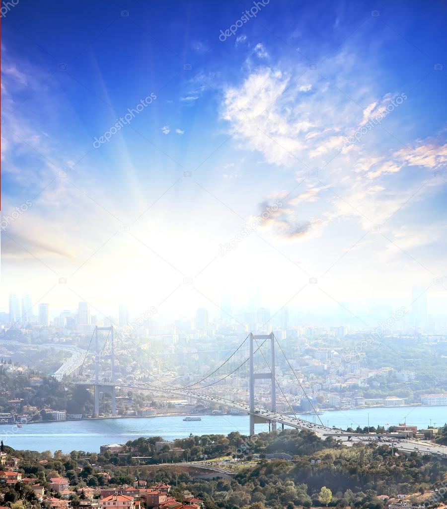 Bridge over Bosphorus at sunrise. Vintage picture