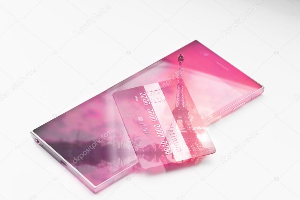double exposure: Credit card on mobile phone. Vintage style pink filtered picture. Business, Love and travel concept.