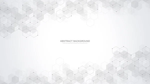 Geometrik şekilli ve altıgen desenli soyut bir arkaplan. Tıp, teknoloji veya bilim tasarımı için vektör illüstrasyonu.