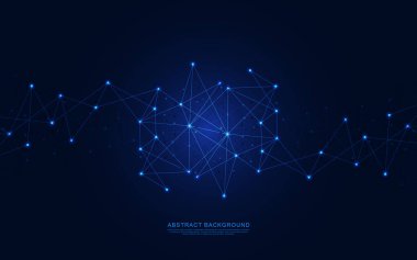 İnternet bağlantısı. Bağlı nokta ve çizgilerle Geometrik soyut arkaplan. Moleküler yapı ve iletişim konsepti. Dijital teknoloji arka planı ve ağ bağlantısı.