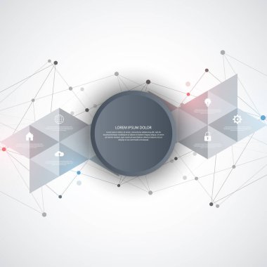 Bilgi teknolojisi, bilgi elemanları ve düz simgeler. Noktaları ve çizgileri birleştiren soyut bir arkaplan. Küresel ağ bağlantısı, dijital teknoloji ve iletişim kavramı