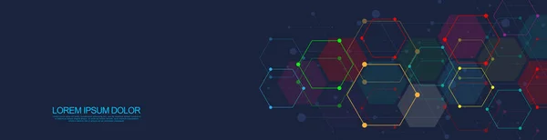 Geometrik şekilli ve altıgen desenli soyut bir arkaplan. Tıp, teknoloji veya bilim tasarımı için vektör illüstrasyonu