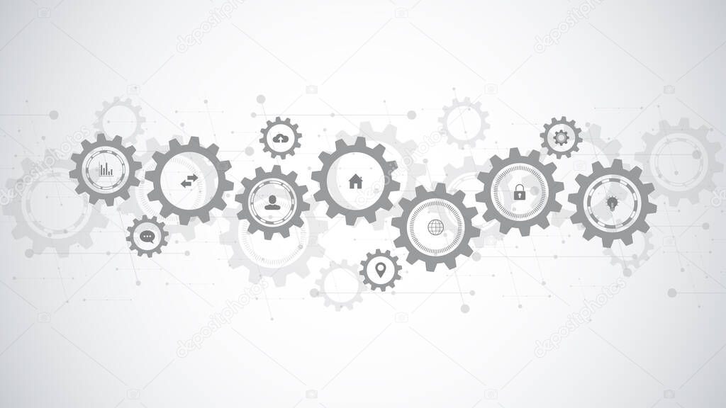 Information technology with infographic elements and flat icons. Cogs and gear wheel mechanisms. Hi-tech digital technology and engineering. Abstract technical background