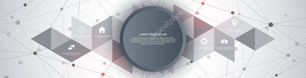 Information technology with infographic elements and flat icons. Abstract background with connecting dots and lines. Global network connection, digital technology and communication concept