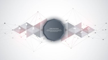 Bilgi teknolojisi, bilgi elemanları ve düz simgeler. Noktaları ve çizgileri birleştiren soyut bir arkaplan. Küresel ağ bağlantısı, dijital teknoloji ve iletişim kavramı.