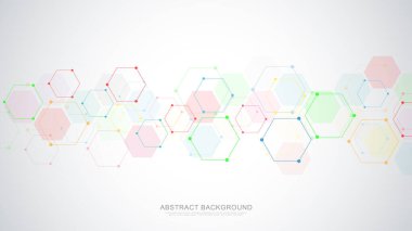 Geometrik şekilli ve altıgen desenli soyut bir arkaplan. Tıp, teknoloji veya bilim tasarımı için vektör illüstrasyonu.