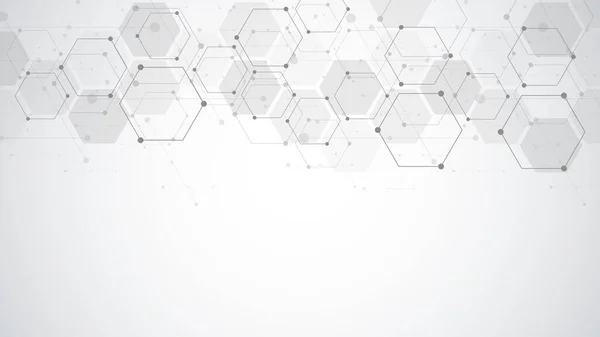 Geometrik şekilli ve altıgen desenli soyut bir arkaplan. Tıp, teknoloji veya bilim tasarımı için vektör illüstrasyonu.