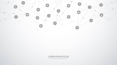 Bilgi teknolojisi arka planı, bilgi elemanları ve düz simgeler. Dijital teknoloji, ağ bağlantısı ve iletişim konsepti. Vektör illüstrasyonu.