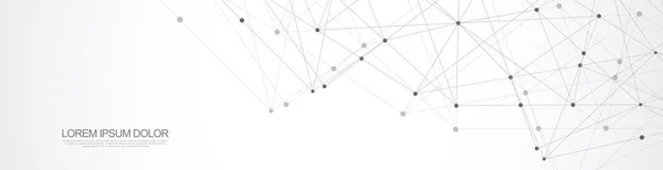 Diseño de encabezado o banner del sitio web con fondo geométrico abstracto y puntos y líneas de conexión. Conexión de red global. Tecnología digital con fondo de plexo y espacio para su texto. — Vector de stock