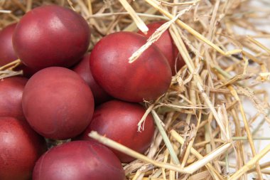 Rustik ahşap arka plan üzerinde hasır bir yuvadaki yumurta. Mutlu Paskalya