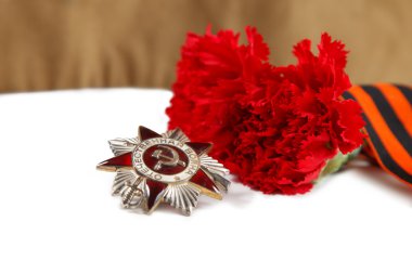 Askeri kap sırasını büyük Vatanseverlik Savaşı, kırmızı çiçekler, Saint George şerit izole. açıklayıcı yazı işleri. Yatay atış
