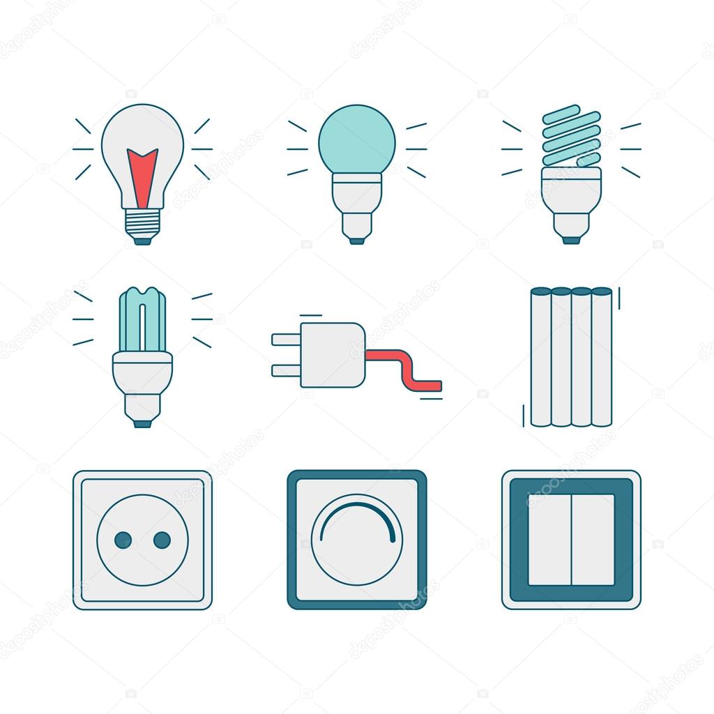 Vector set of electricity icons, including tools. Modern line style icons of electricity tools elements. Pictograms for DIY shop, construction and building materials. Vector illustration.
