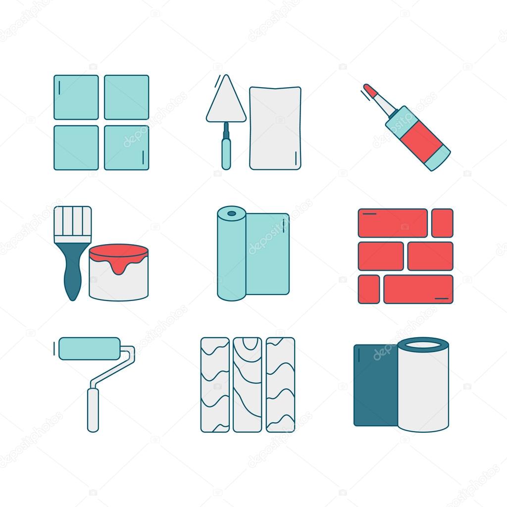 Vector set of line icons for DIY, finishing materials, tools.