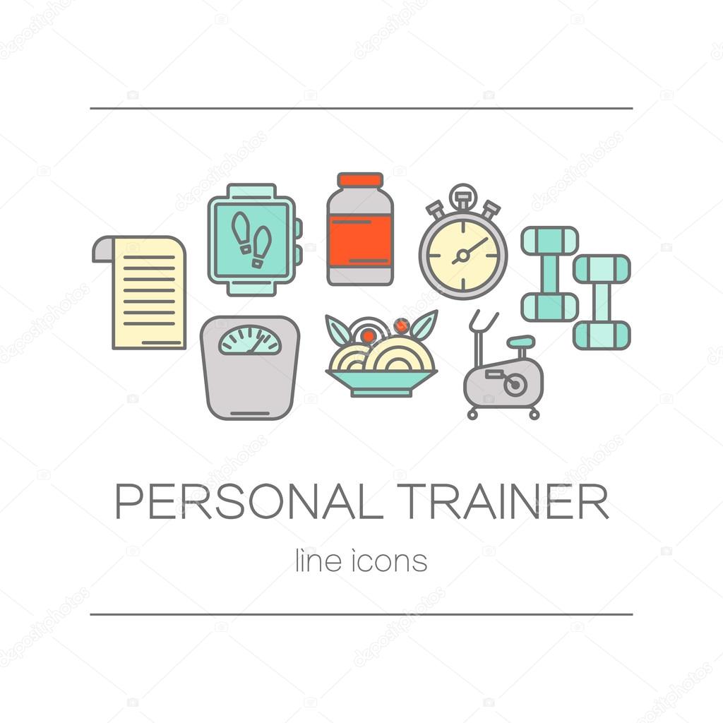 Set of modern flat line icons sports equipment, gym training