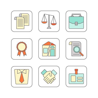 Vector set of modern flat line icons for legal advice. clipart