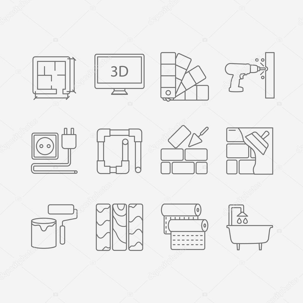 Vector set of modern flat line icons for interior design website includes objects for finishing works and building elements . Interior design icons isolated on background part 1.