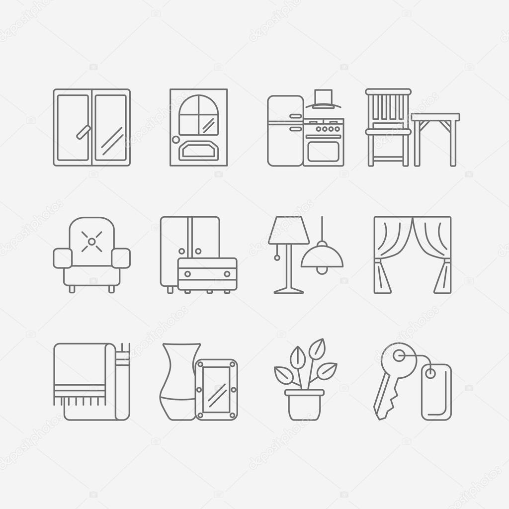 Vector set of modern flat line icons for interior design website includes furniture, decor elements and light design symbols. Interior design icons isolated on background part 2.
