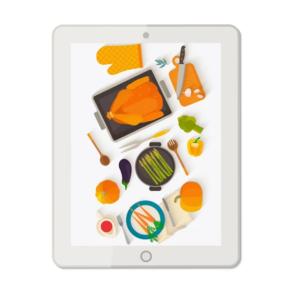 Banner con tablet che fa foto al cibo . — Vettoriale Stock
