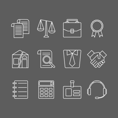 Vector set of modern flat line icons for law firm. clipart