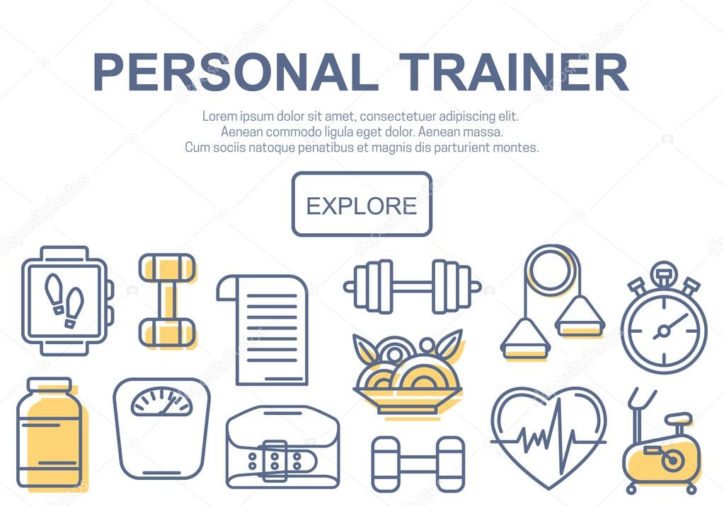 Concept of title site page or banner for personnel trainer program includes sports equipment, objects for gym training, bodybuilding and active lifestyle. Vector illustration.