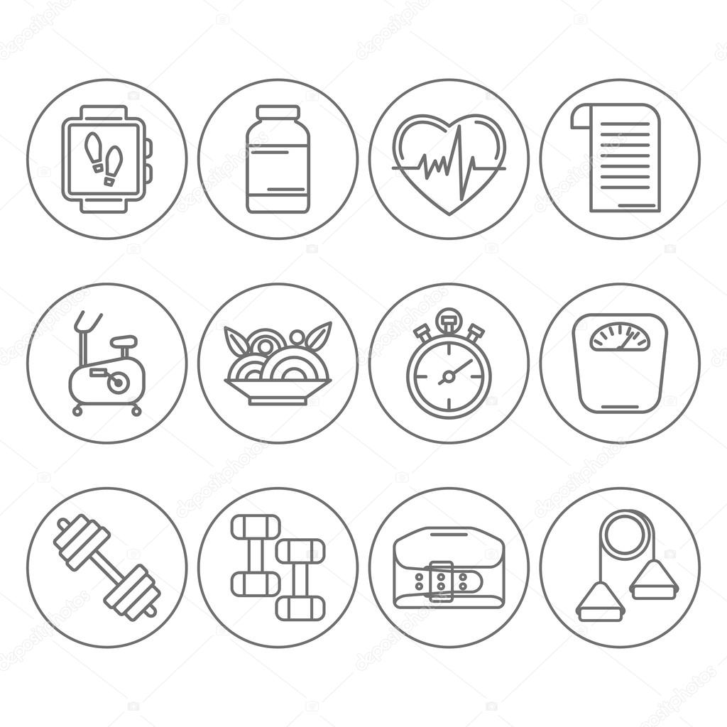 Vector set of modern flat line icons for personal trainer program includes sports equipment,  objects for gym training, bodybuilding and active lifestyle. Fitness elements isolated on background.
