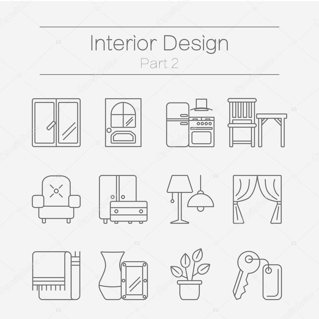 Vector set of modern flat line icons for interior design website includes furniture, decor elements and light design symbols. Interior design icons isolated on background part 2.