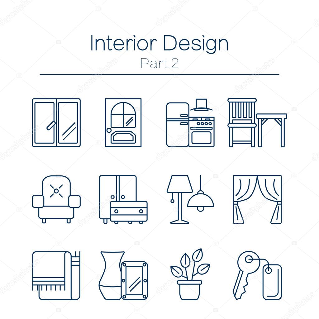 Vector set of modern flat line icons for interior design website includes furniture, decor elements and light design symbols. Interior design icons isolated on white background.