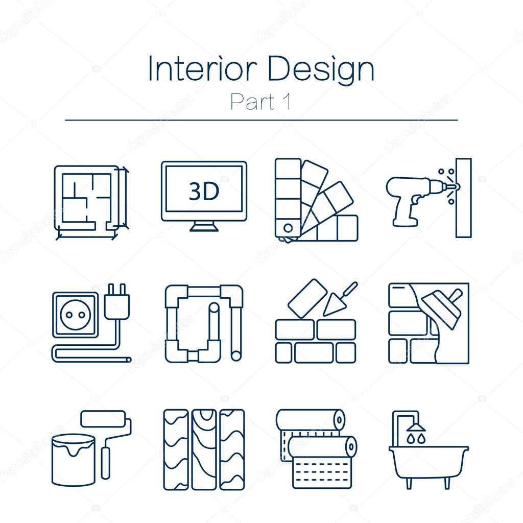 Vector set of modern flat line icons for home improvement website includes objects for finishing works, renovation and building elements . Interior design icons isolated on  white.