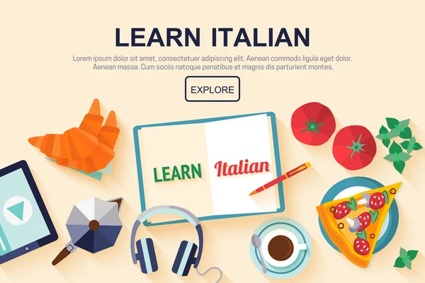 Banner web de design plano para a escola de língua italiana . —  Vetores de Stock