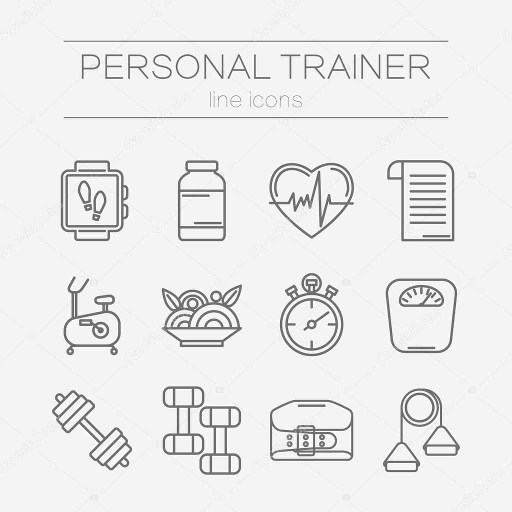 Vector set of modern flat line icons for personal trainer program includes sports equipment,  objects for gym training, bodybuilding and active lifestyle. Fitness elements isolated on background.