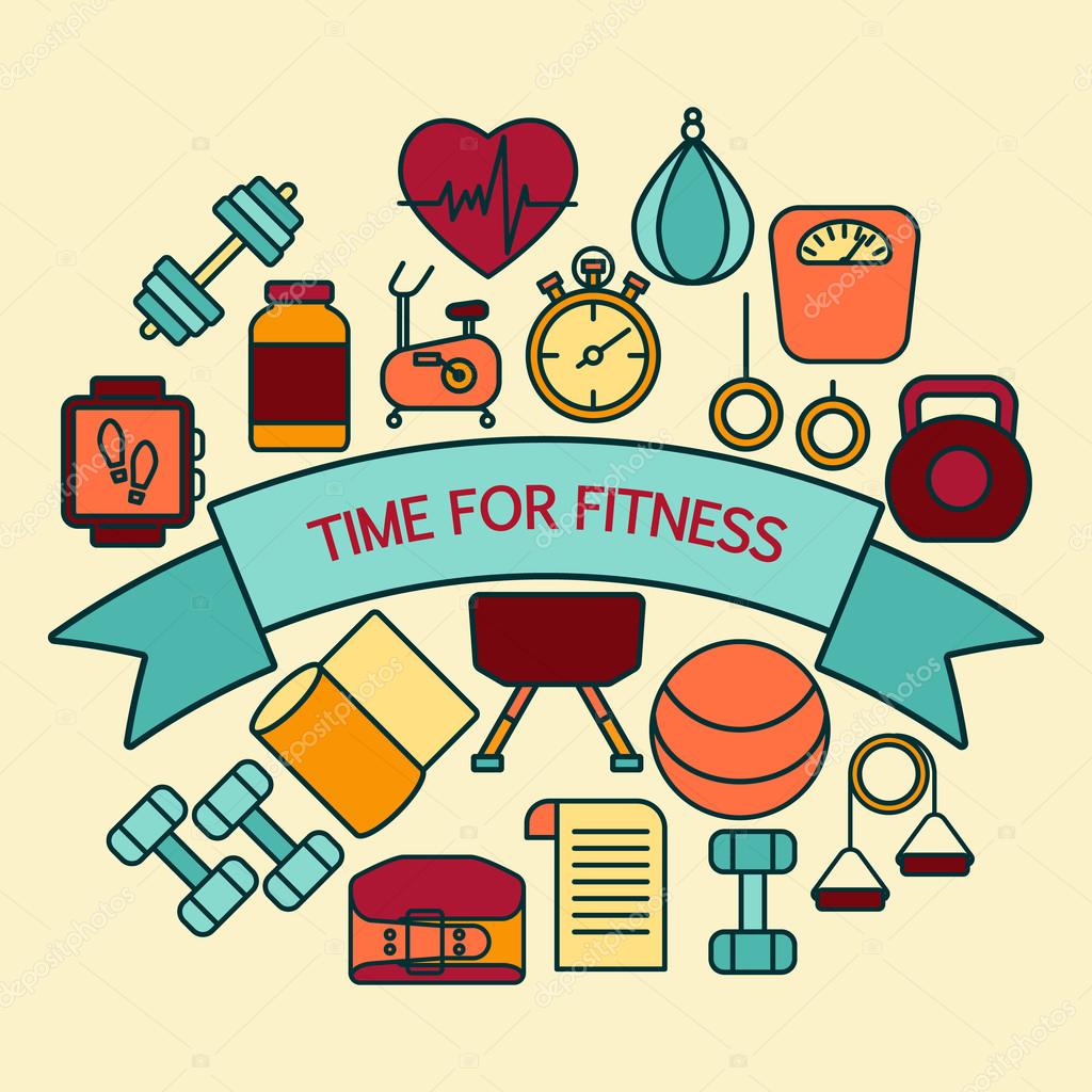Fitness banner for personnel trainer program includes sports equipment, objects for gym training, bodybuilding and active lifestyle. Vector illustration.