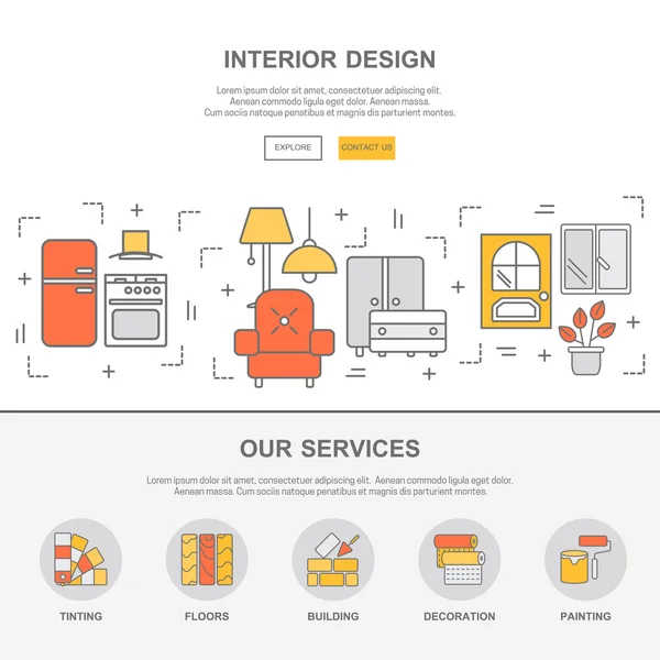 Plantilla web con iconos de línea delgada de diseño de interiores — Archivo Imágenes Vectoriales