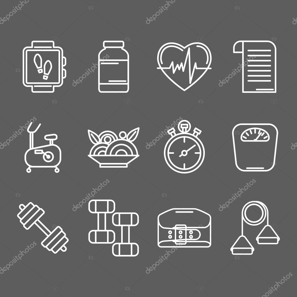 Vector set of line icons for personal trainer program includes sports equipment,  objects for gym training, bodybuilding and active lifestyle. Fitness elements isolated on dark background.
