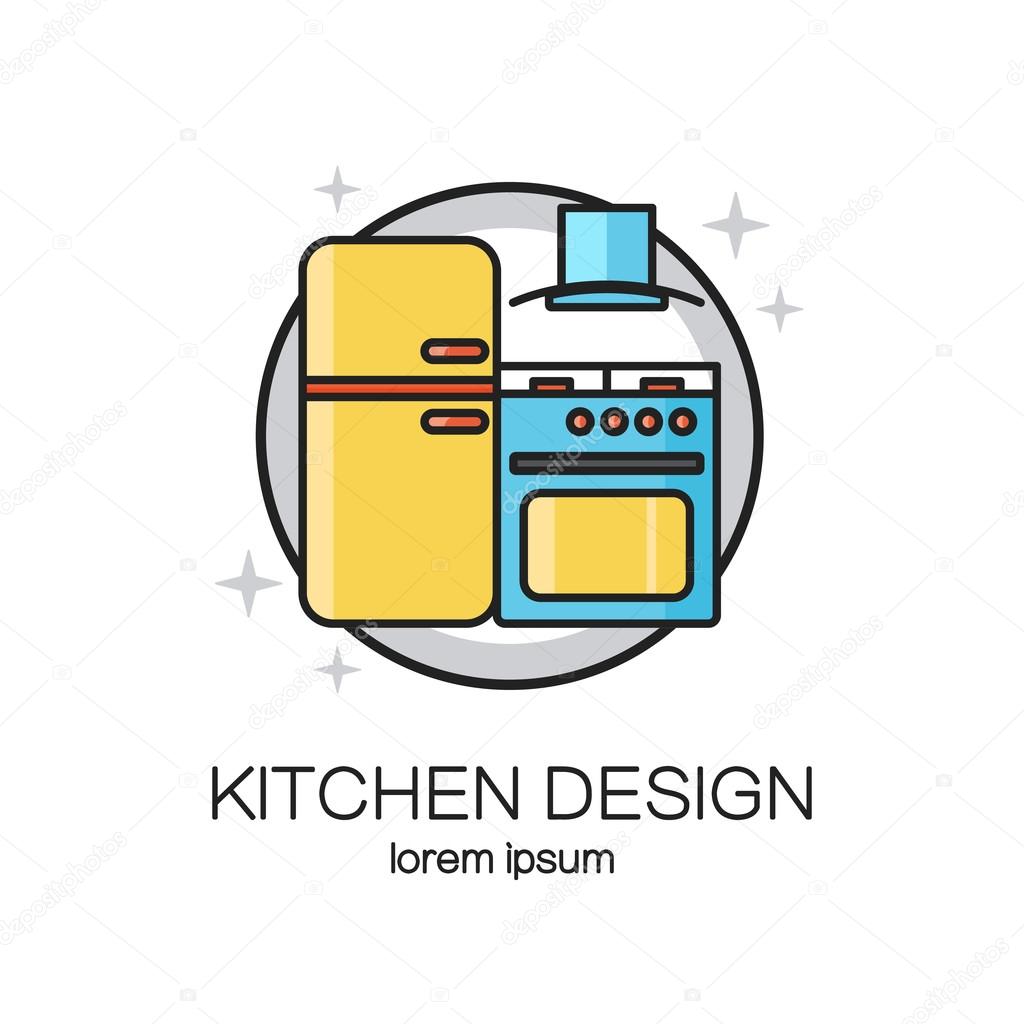 Kitchen design line icon web logo template. Banner or flyer concept for kitchen shop, house appliances and home technology. Vector illustration.