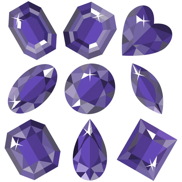 Set of sparkling amethyst of various shapes. Vector illustration. — Stock Vector