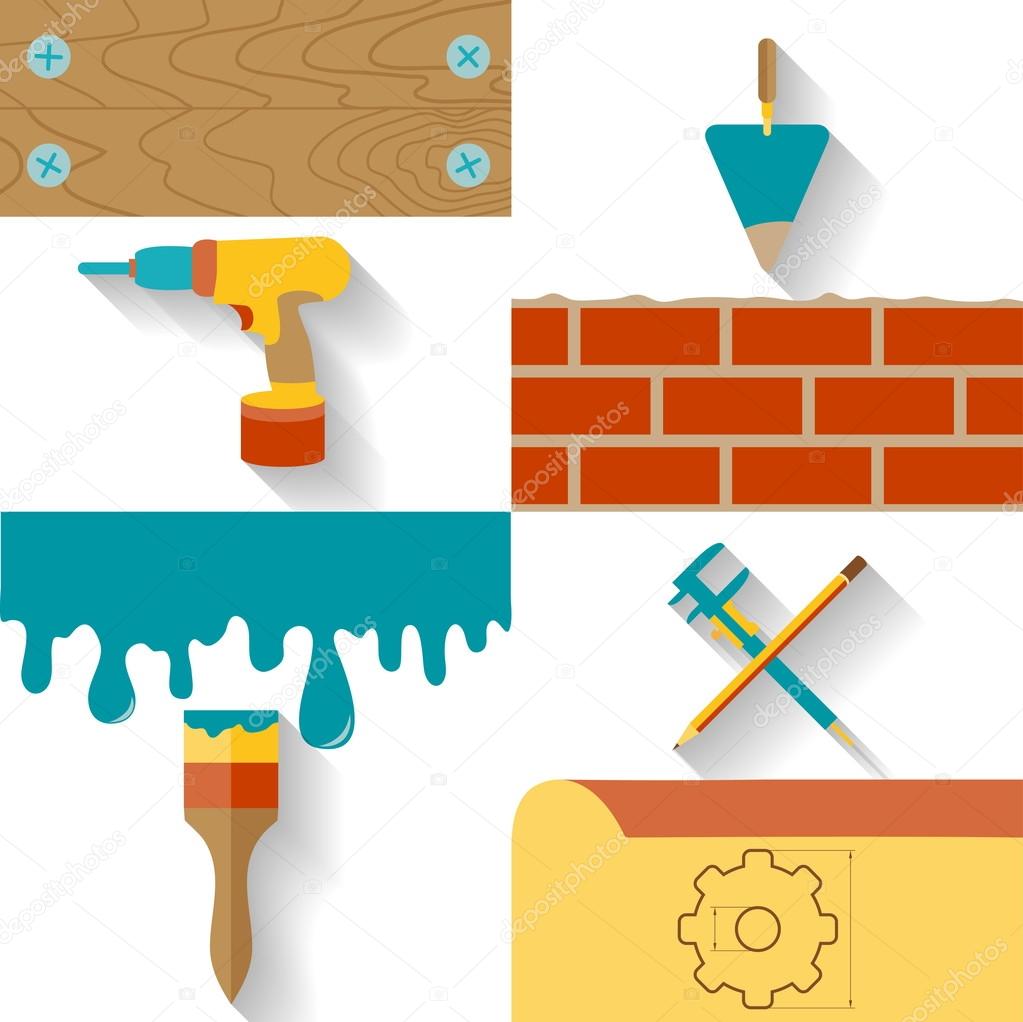 Set of conceptual icons for the design, construction and finishing works. Flat design vector illustration.