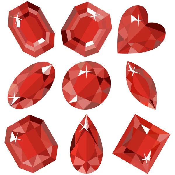 Különböző formájú csillogó ruby halmaza. vektoros illusztráció. — Stock Vector