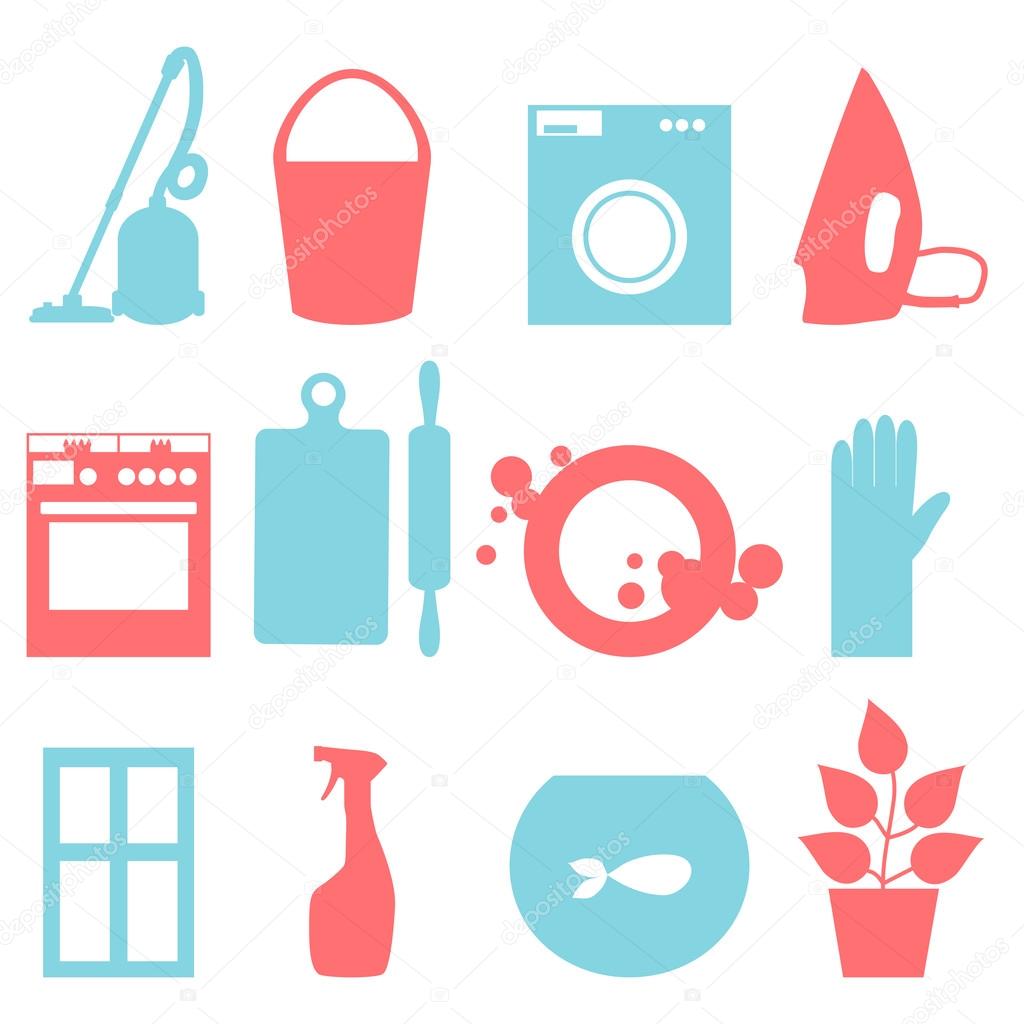 Two-color icons of house cleaning. Vector illustration.