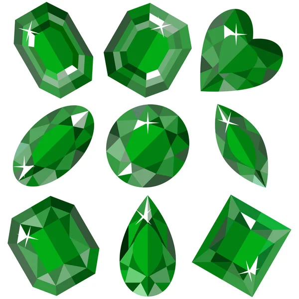 Set of sparkling emeralds of various shapes. Vector illustration. — Stock Vector