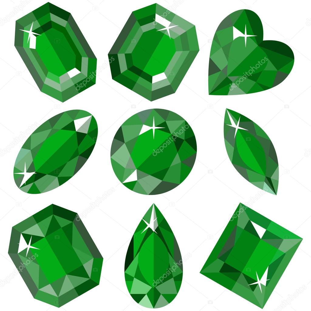 Set of sparkling emeralds of various shapes. Vector illustration.