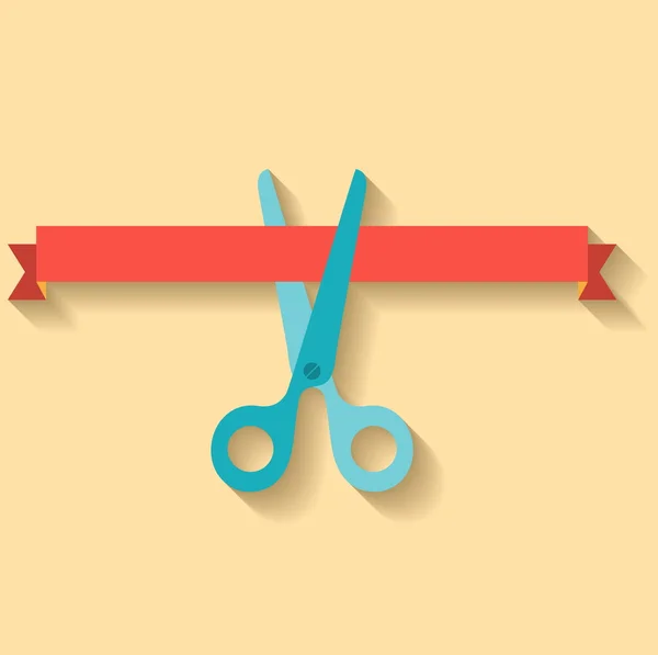 Flat design icon scissors cutting red horizontal ribbon. ⬇ Vector Image