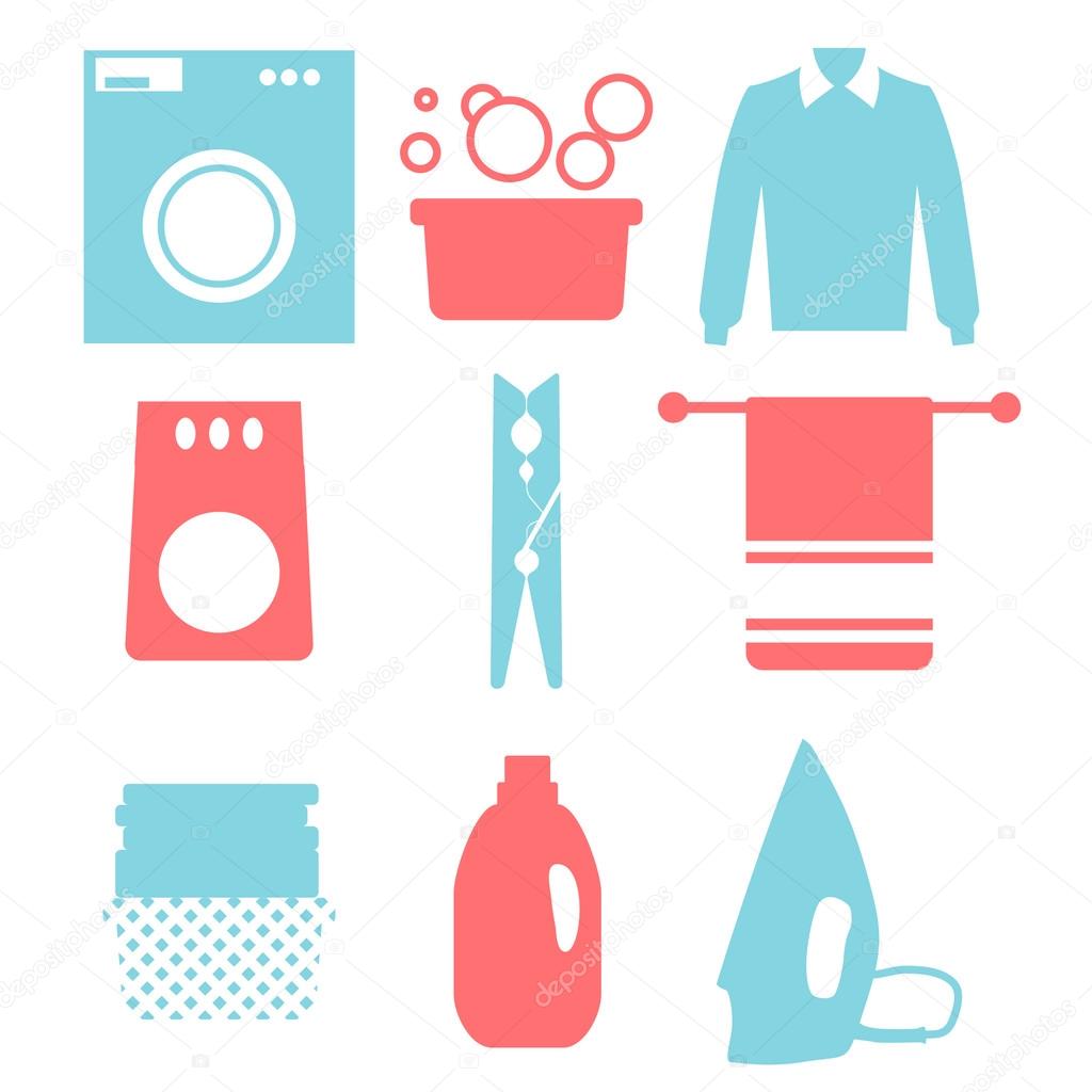Laundry and Washing Icons. Vector illustration.  Flat design.
