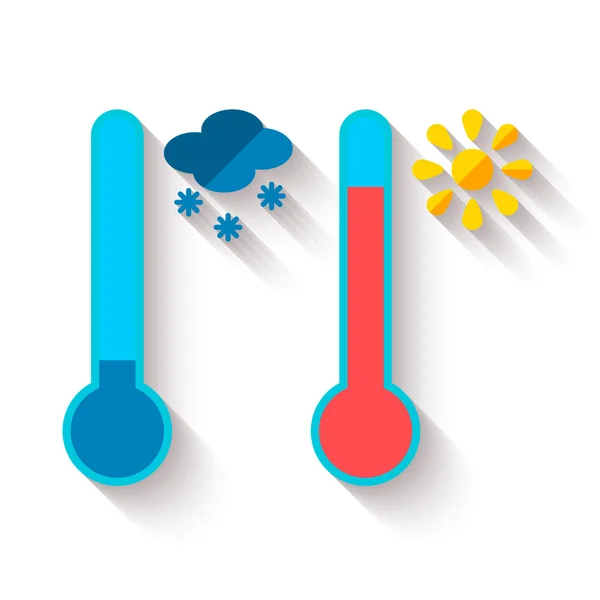 Flaches Design des Thermometers zur Messung von Wärme und Kälte, mit Sonnen- und Schneeflockensymbolen, Vektorillustration — Stockvektor