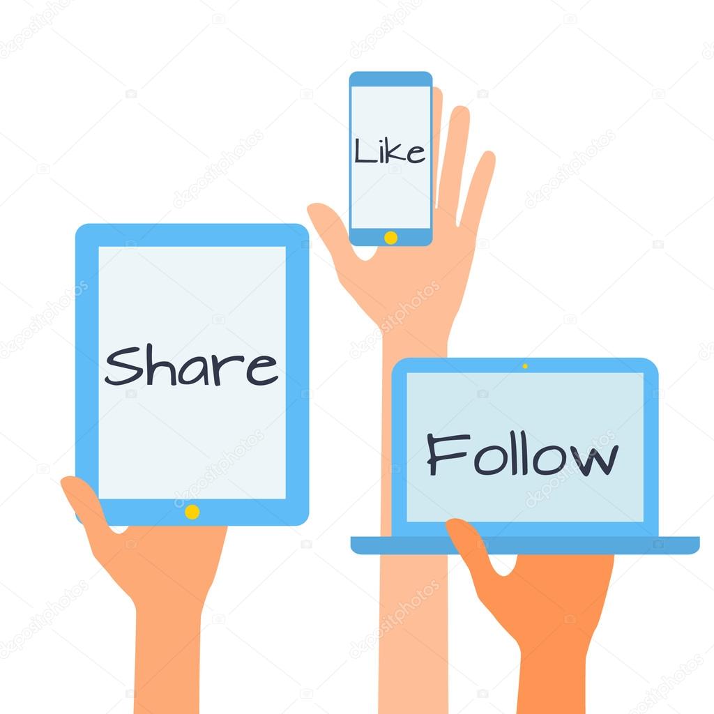 Flat design vector illustration concept of social media icons. Hands with simbols.