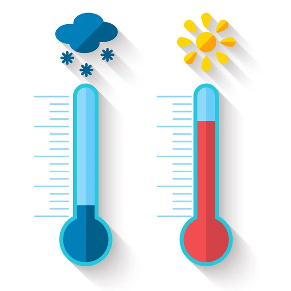 Flaches Design des Thermometers zur Messung von Wärme und Kälte, mit Sonnen- und Schneeflockensymbolen, Vektorillustration — Stockvektor