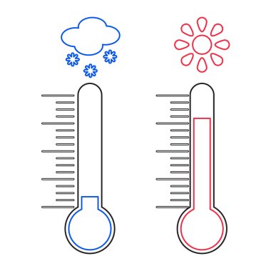 Isı ve soğuk, güneş ve kar tanesi simgeleri ile ölçme termometresi tasarımını satır, illüstrasyon vektör