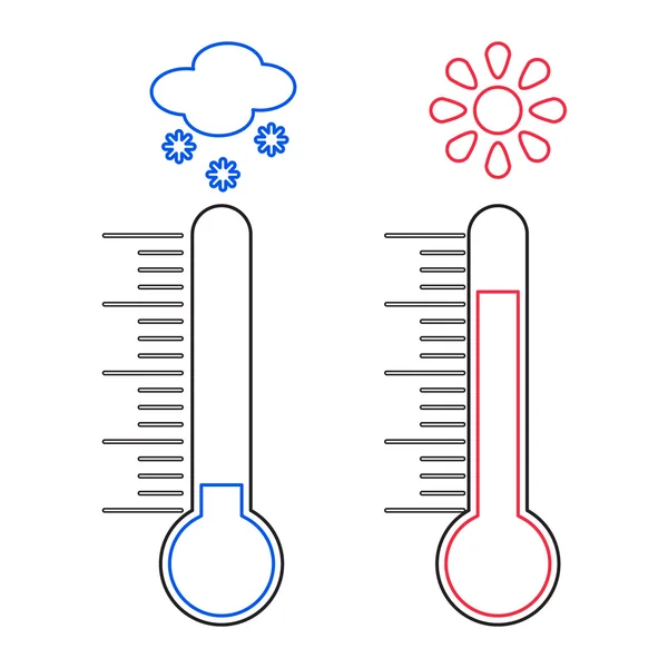 Design de linha de Termômetro de medição de calor e frio, com ícones de sol e floco de neve, ilustração vetorial — Vetor de Stock