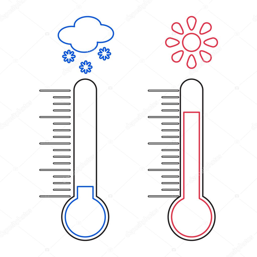 Line design of Thermometer measuring heat and cold, with sun and snowflake icons, vector illustration